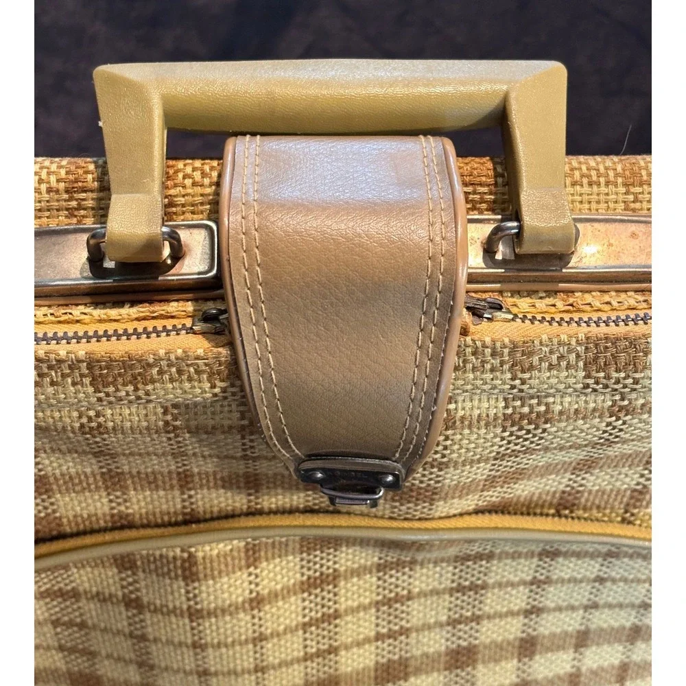 Vintage Plaid Suitcase Tan Yellow Woven Carry On Luggage Made Japan‎ Mid Century